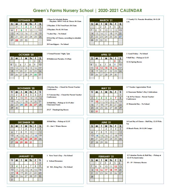 Greens Farms Nursery School » 202021 Calendar